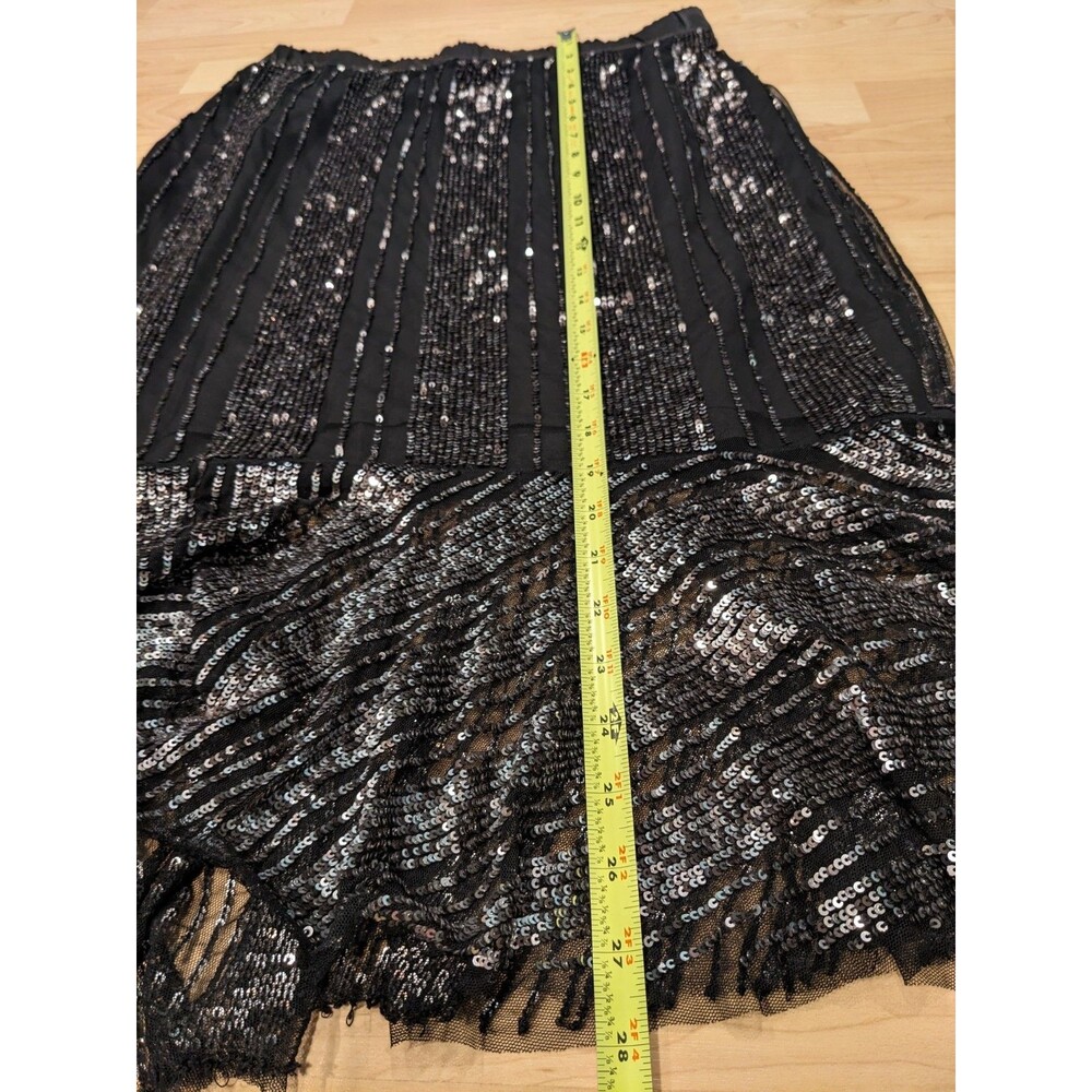 Zara Sequin Midi Skirt Black Silver Striped Asymmetric Ruffle Hem NWT M - Picture 8 of 10